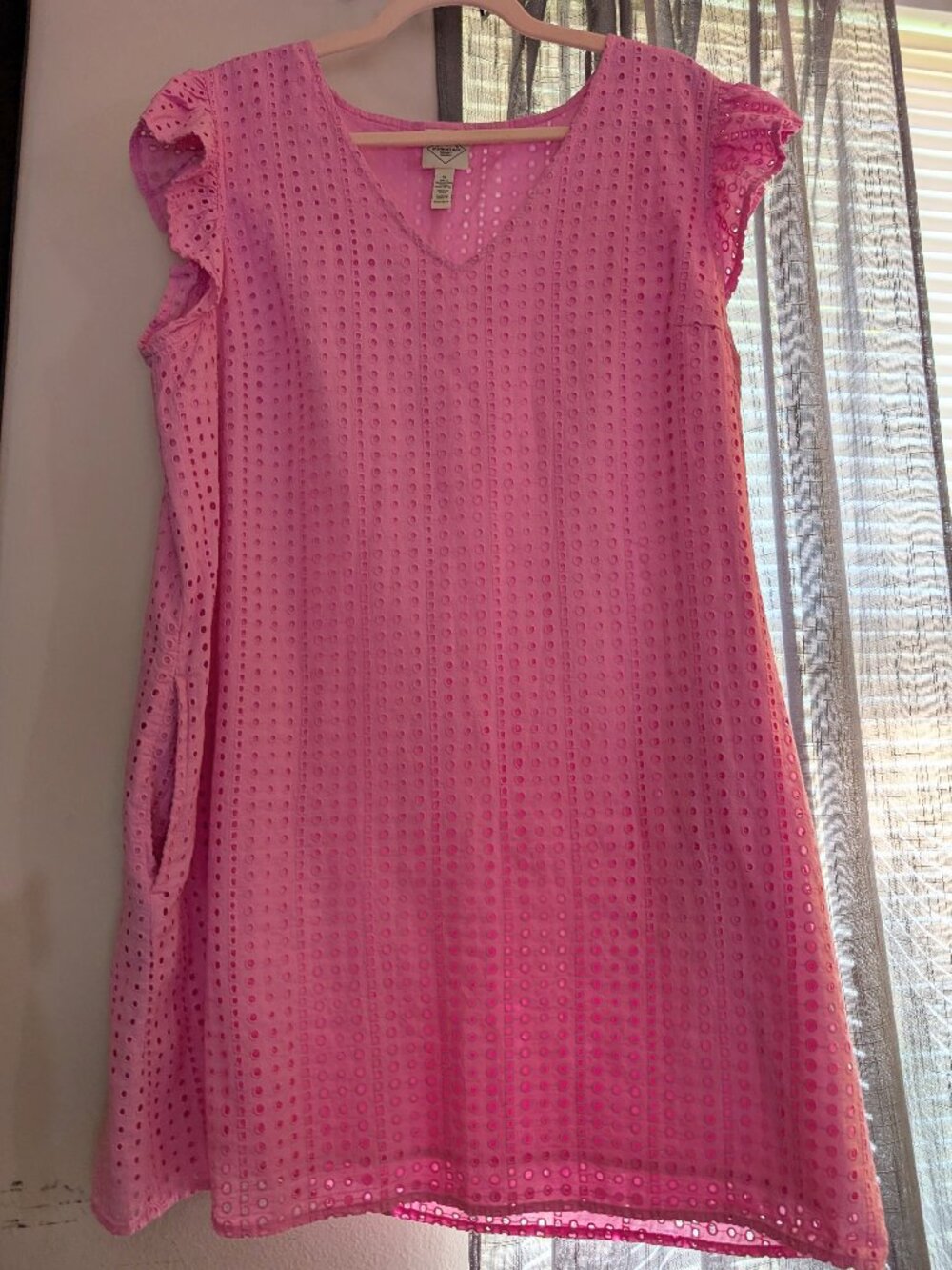 St Johns Bay Pink Eyelet Shift Dress Ruffle Sleeve Pockets Size XL